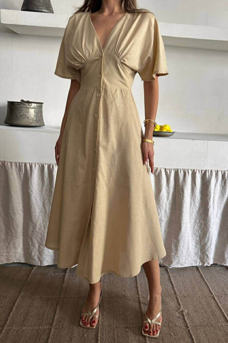 ONE COLOR BUTTONS V NECK WOMAN DRESS BEIGE/BEZHE - 2