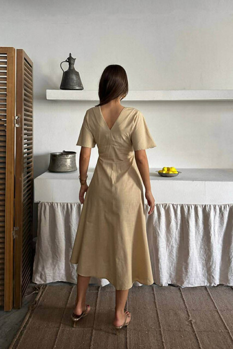 ONE COLOR BUTTONS V NECK WOMAN DRESS BEIGE/BEZHE - 3