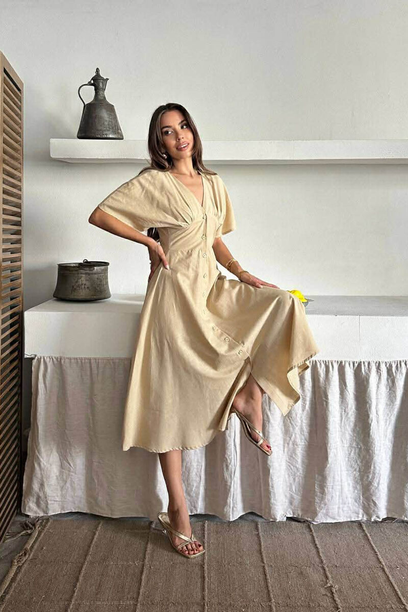 ONE COLOR BUTTONS V NECK WOMAN DRESS BEIGE/BEZHE - 4