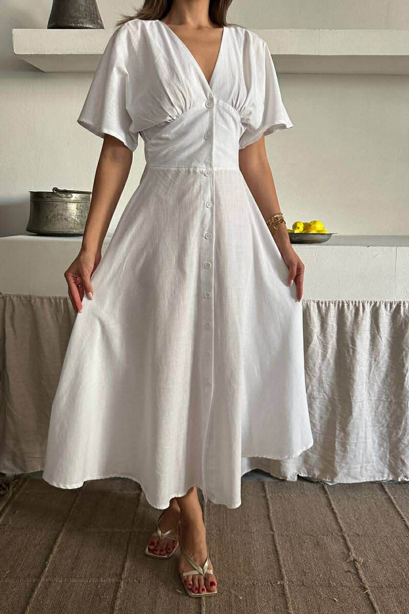 ONE COLOR BUTTONS V NECK WOMAN DRESS WHITE-E BARDHE - 2