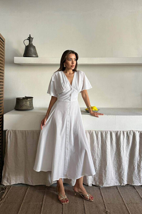 ONE COLOR BUTTONS V NECK WOMAN DRESS WHITE-E BARDHE - 3