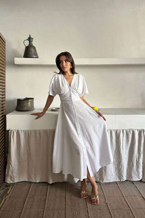 ONE COLOR BUTTONS V NECK WOMAN DRESS WHITE-E BARDHE - 4
