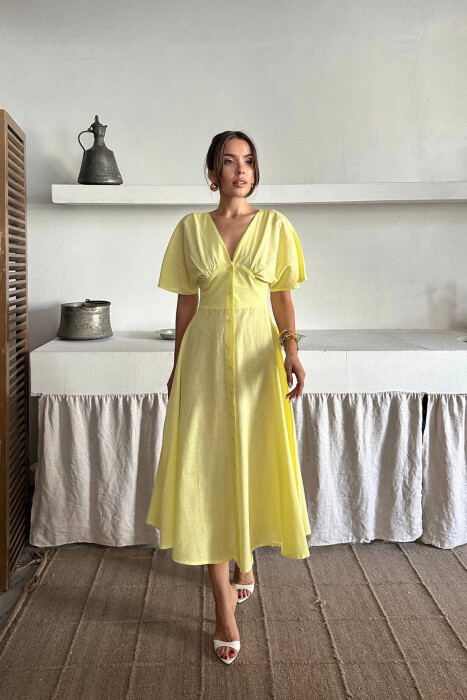 ONE COLOR BUTTONS V NECK WOMAN DRESS YELLOW/E VERDHE 