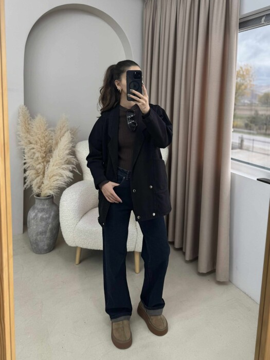 ONE COLOR BUTTONS WOMEN JACKET BLACK/ E ZEZE - KLAUDIO FASHION