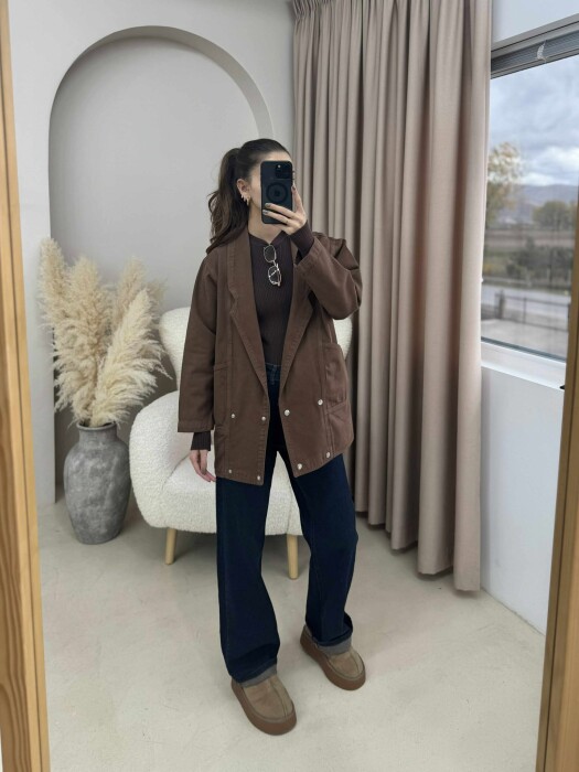 ONE COLOR BUTTONS WOMEN JACKET BROWN/KAFE - KLAUDIO FASHION