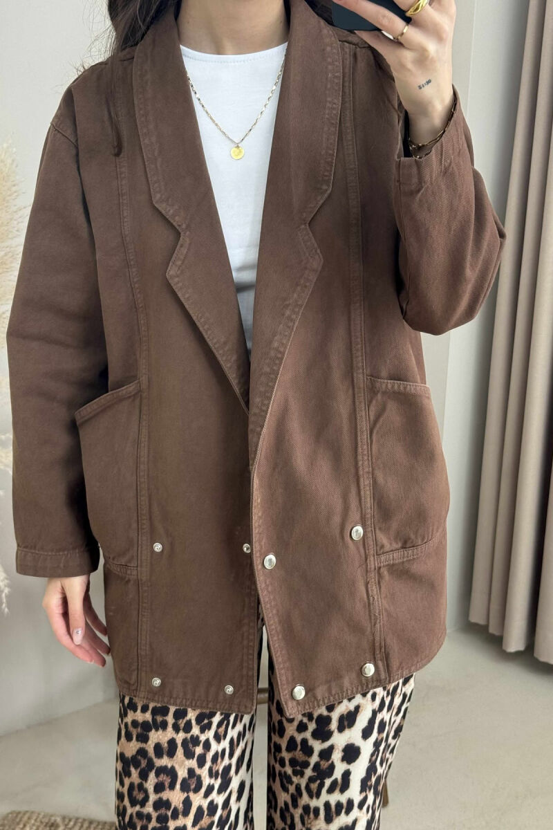 ONE COLOR BUTTONS WOMEN DENIM JACKET BROWN/KAFE - 6