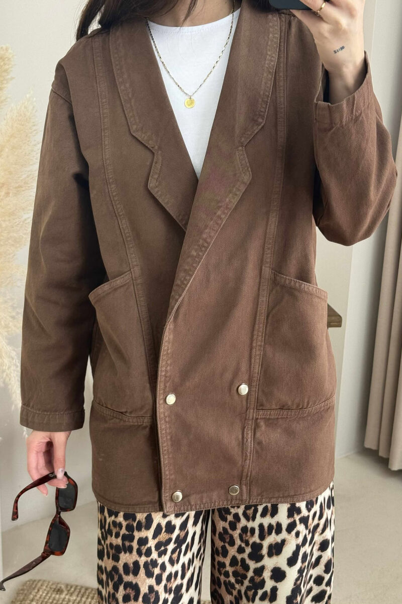 ONE COLOR BUTTONS WOMEN DENIM JACKET BROWN/KAFE - 10