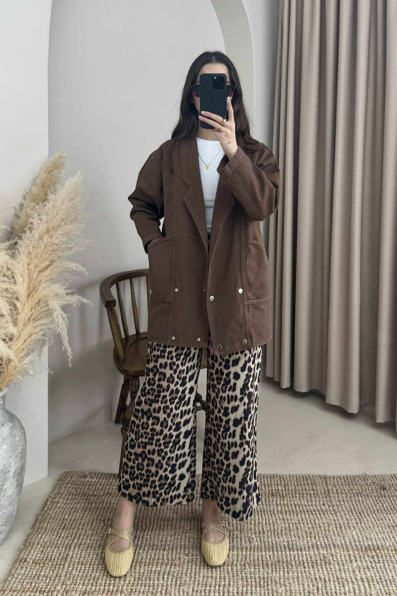 ONE COLOR BUTTONS WOMEN DENIM JACKET BROWN/KAFE - 2