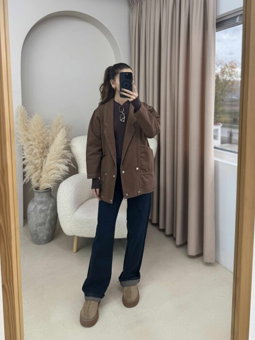 ONE COLOR BUTTONS WOMEN JACKET BROWN/KAFE - 3