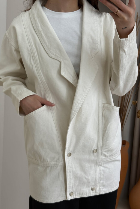ONE COLOR BUTTONS WOMEN DENIM JACKET CREAM/KREM - 4