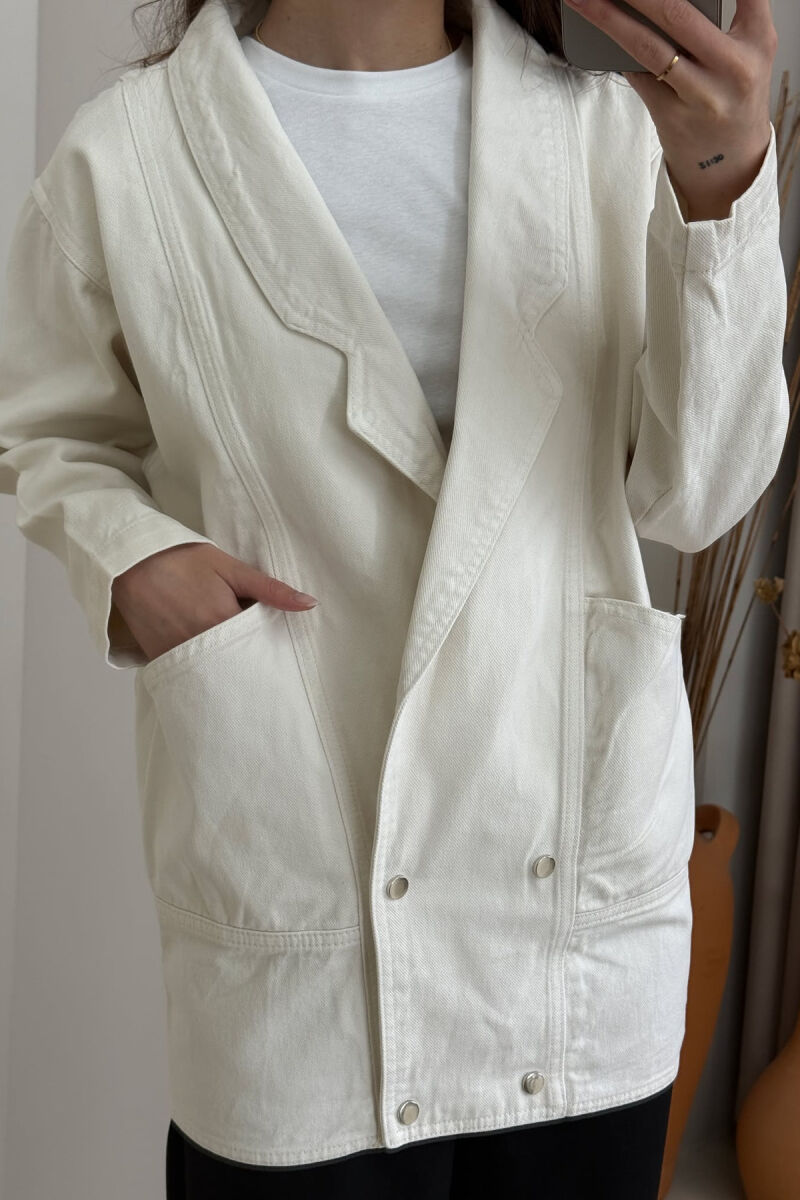 ONE COLOR BUTTONS WOMEN DENIM JACKET CREAM/KREM - 4