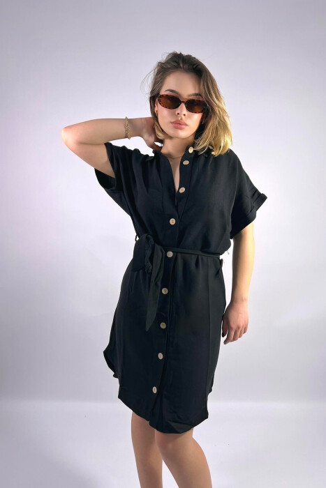 ONE COLOR BUTTONS WOMEN DRESS BLACK/ E ZEZE - 4