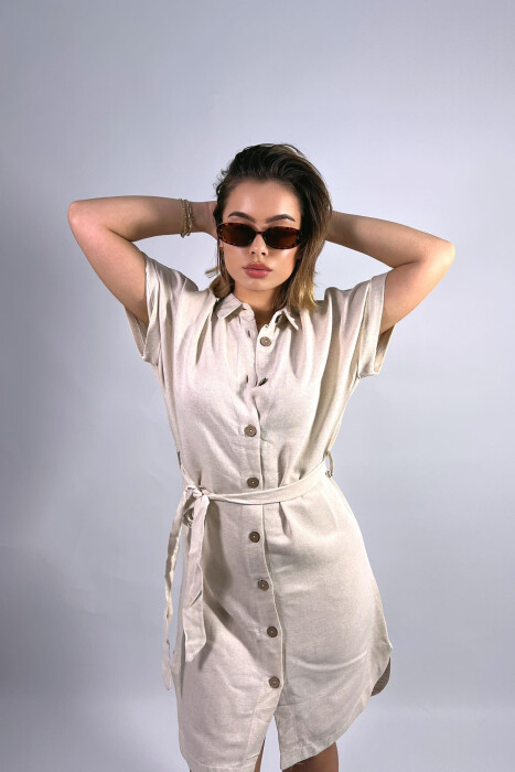 ONE COLOR BUTTONS WOMEN DRESS CREAM/KREM - 5