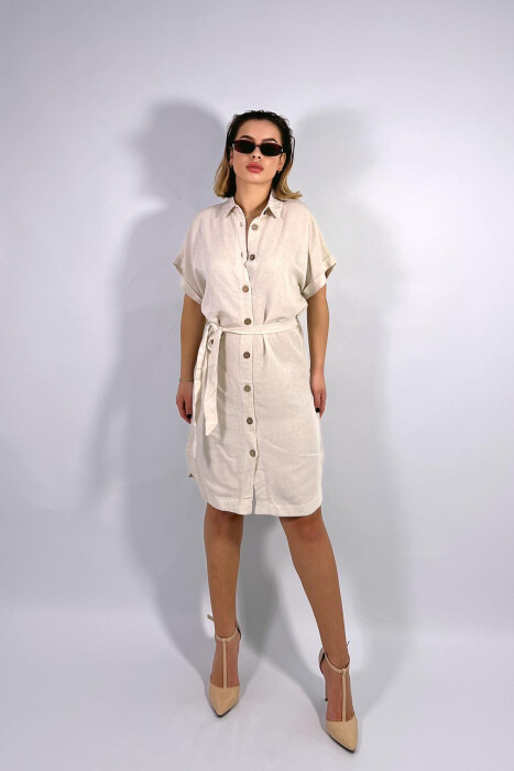 ONE COLOR BUTTONS WOMEN DRESS CREAM/KREM - 6