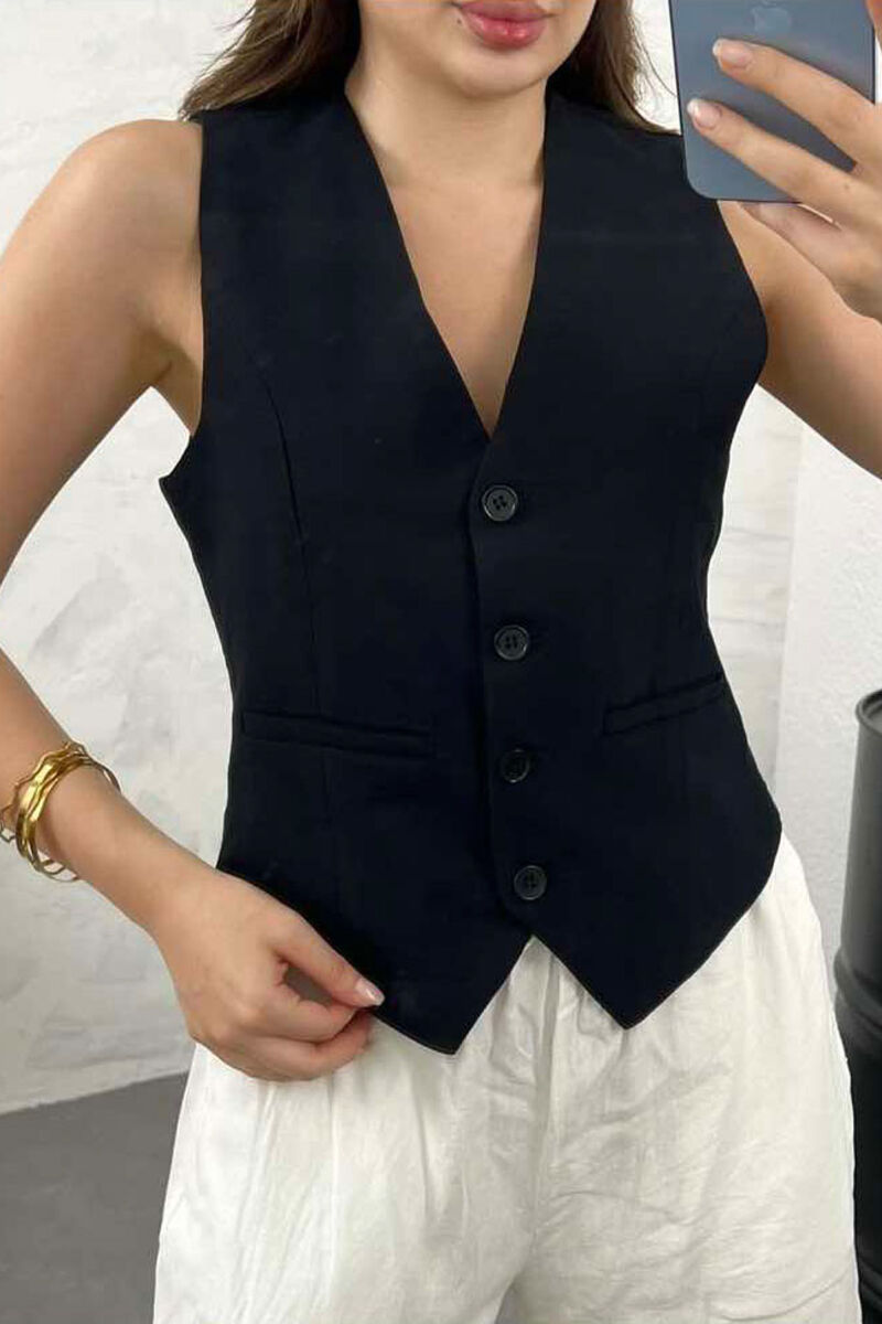 ONE COLOR BUTTONS WOMEN VEST BLACK/ E ZEZE - 2