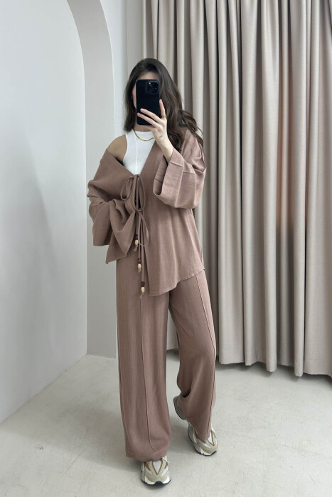 ONE COLOR CARDIGAN+TROUSERS WOMEN SET LIGHT BROWN/KAZB 