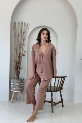 ONE COLOR CARDIGAN+TROUSERS WOMEN SET LIGHT BROWN/KAZB 