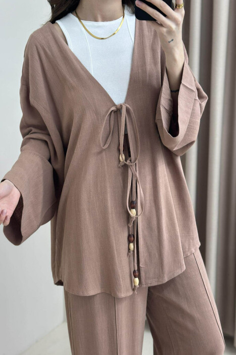 ONE COLOR CARDIGAN+TROUSERS WOMEN SET LIGHT BROWN/KAZB - 2