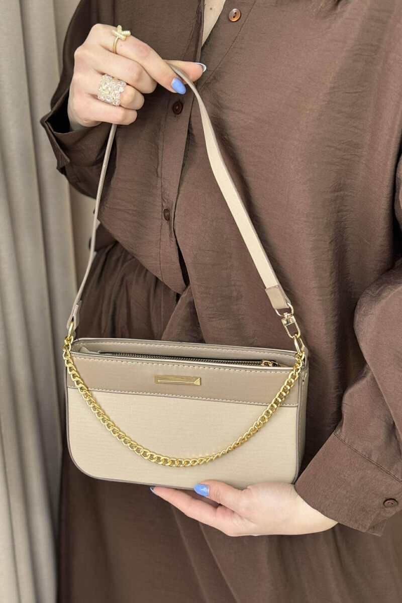 ONE COLOR CHAIN DETAIL WOMEN BAG BEIGE/BEZHE - 4