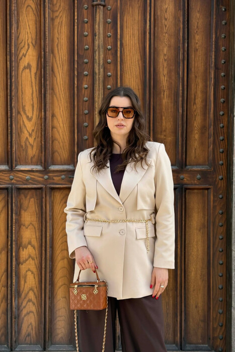 ONE COLOR CHAIN DETAIL WOMEN JACKET CREAM/KREM - 1