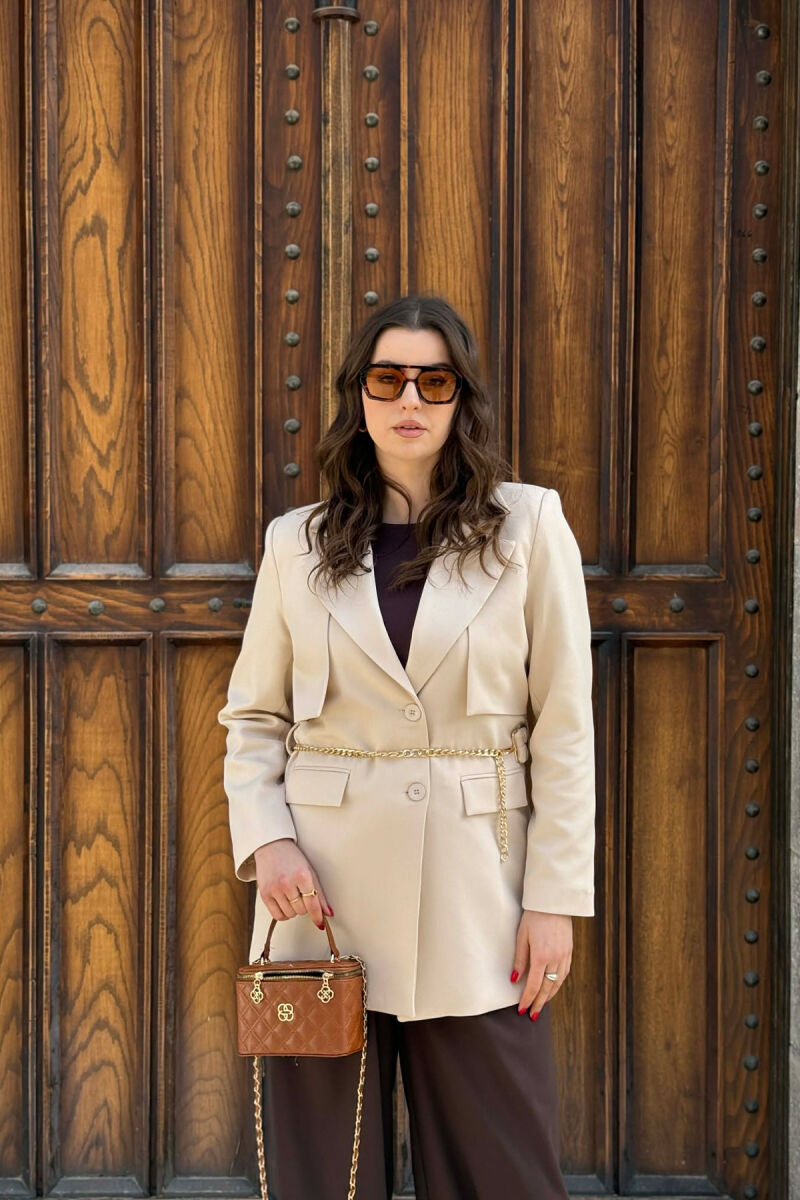 ONE COLOR CHAIN DETAIL WOMEN JACKET CREAM/KREM - 1