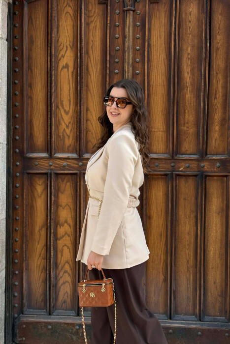 ONE COLOR CHAIN DETAIL WOMEN JACKET CREAM/KREM - 3