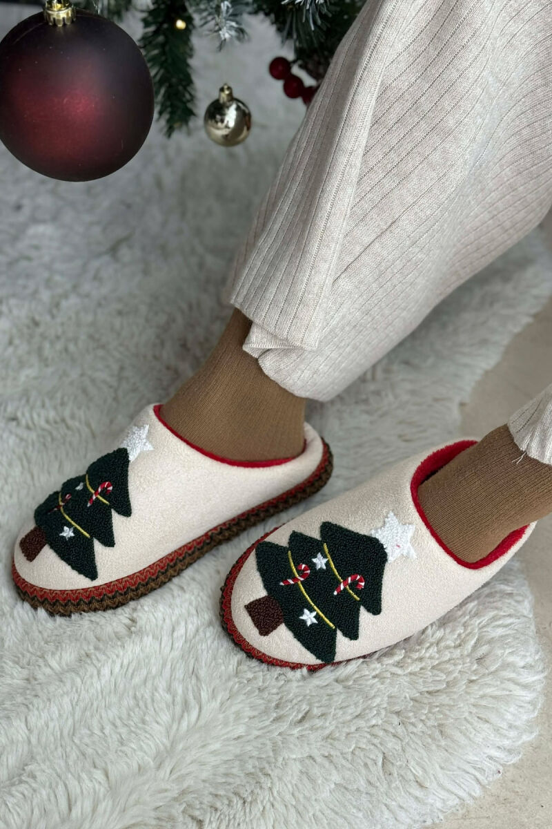 ONE COLOR CHRISTMAS TREE WOMAN SLIPPERS CREAM/KREM - 4