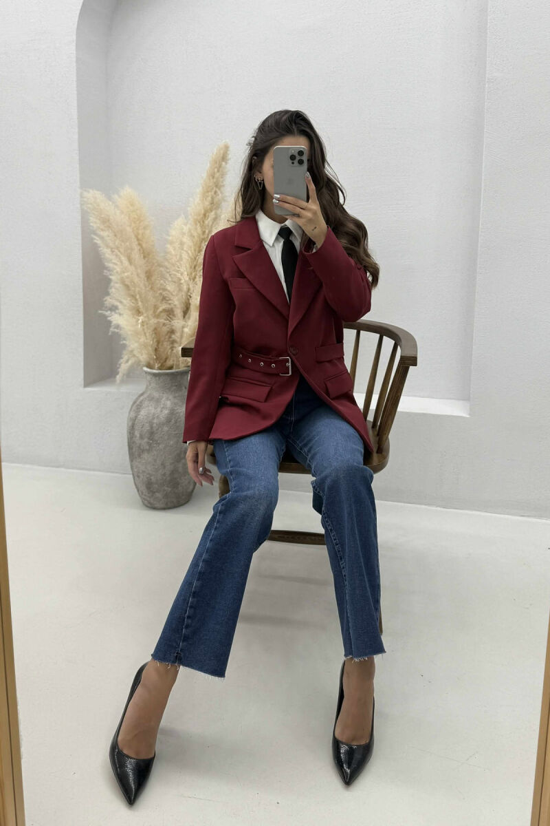 ONE COLOR CLASSIC BELTED WOMEN JACKET BURGUNDY/VISHNJE - 2