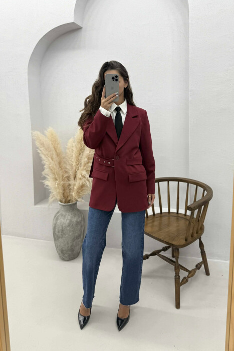 ONE COLOR CLASSIC BELTED WOMEN JACKET BURGUNDY/VISHNJE - 1