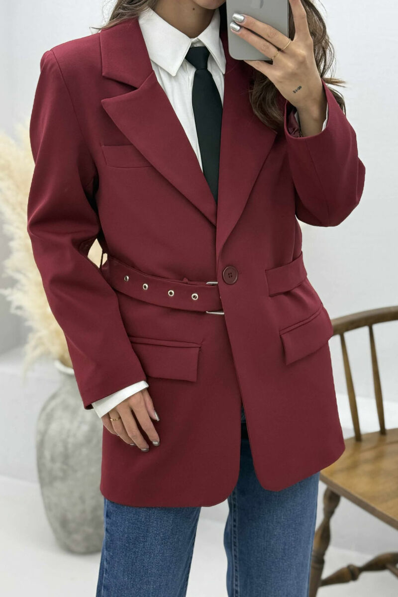 ONE COLOR CLASSIC BELTED WOMEN JACKET BURGUNDY/VISHNJE - 3