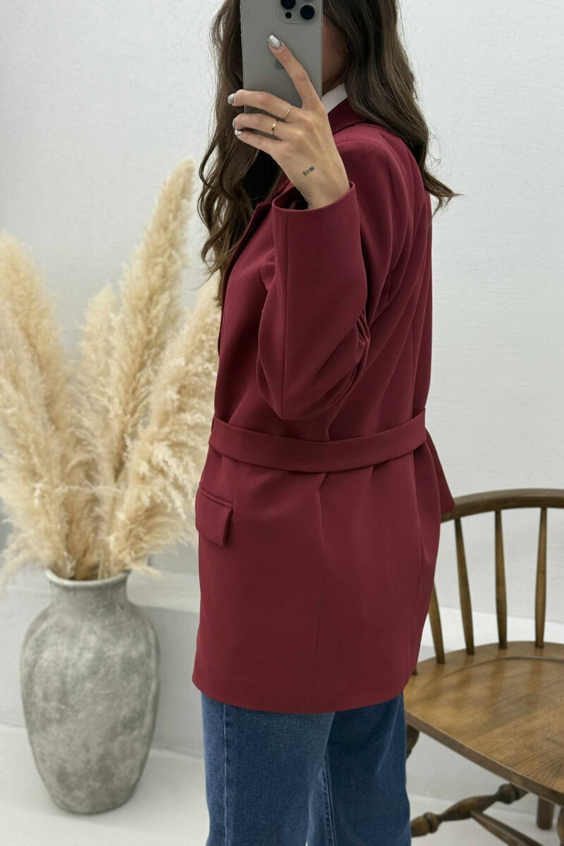 ONE COLOR CLASSIC BELTED WOMEN JACKET BURGUNDY/VISHNJE - 4