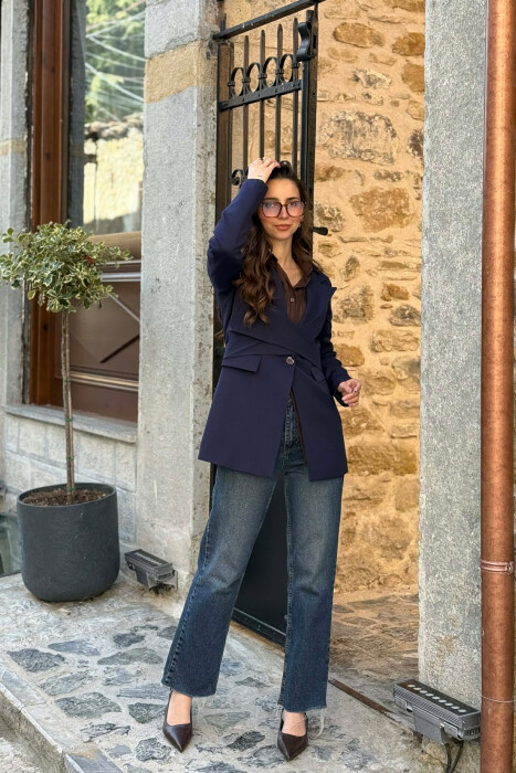 ONE COLOR CLASSIC LACING DETAIL WOMEN JACKET BLUE/BLU - KLAUDIO FASHION