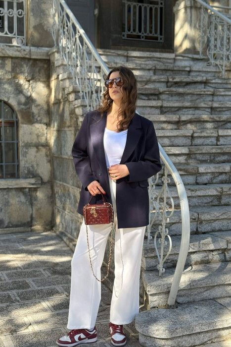 ONE COLOR CLASSIC SIMPLE WOMEN JACKET DARK BLUE/BEE - 4