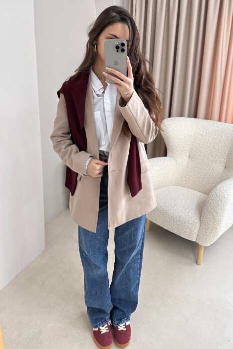 ONE COLOR CLASSIC WOMEN JACKET IN BEIGE COLOR - 3