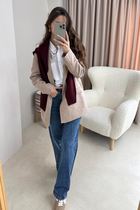 ONE COLOR CLASSIC WOMEN JACKET IN BEIGE COLOR - 5