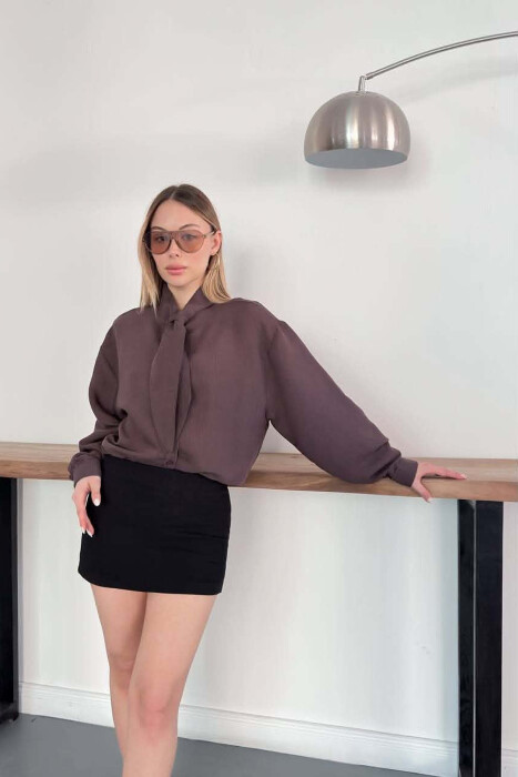 ONE COLOR COLLAR DESIGN WOMAN SHIRT BROWN/KAFE - 2