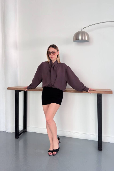ONE COLOR COLLAR DESIGN WOMAN SHIRT BROWN/KAFE - 3