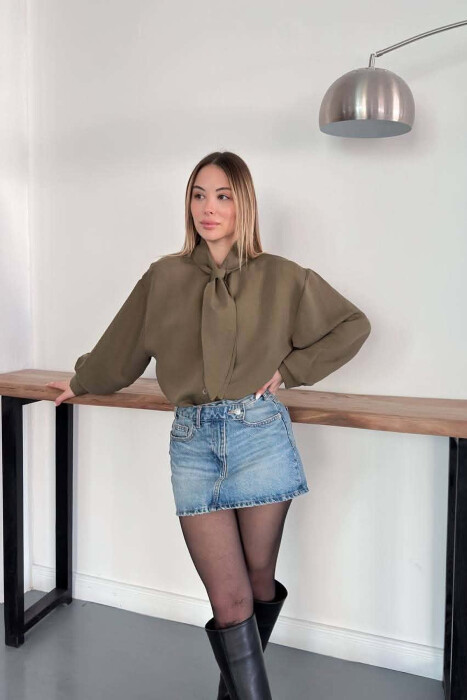 ONE COLOR COLLAR DESIGN WOMAN SHIRT OLIVE/ULLI - 2