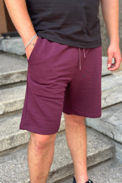 ONE COLOR COTTON MEN SHORT SWEATPANTS BURGUNDY/VISHNJE - 2