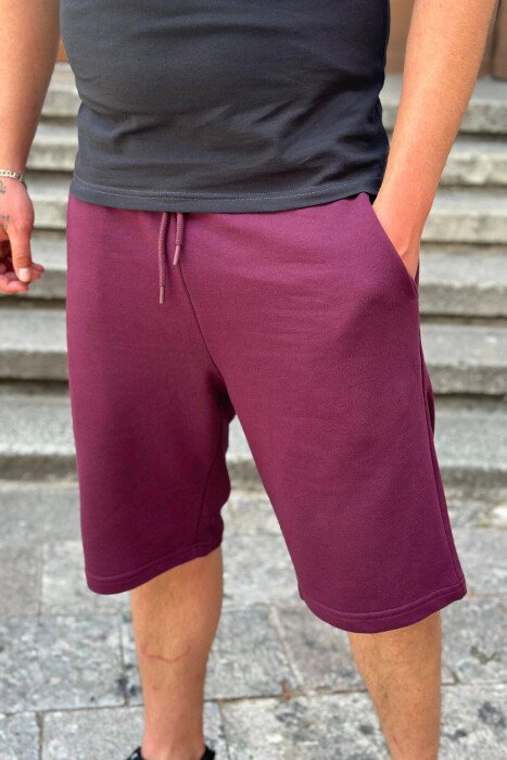 ONE COLOR COTTON MEN SHORT SWEATPANTS BURGUNDY/VISHNJE - 2