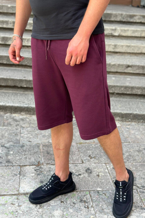 ONE COLOR COTTON MEN SHORT SWEATPANTS BURGUNDY/VISHNJE - 3