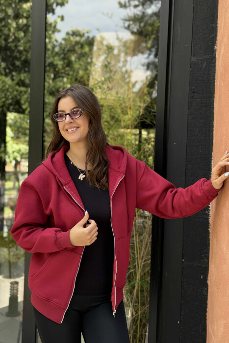 ONE COLOR COTTON WOMEN JACKET BURGUNDY/VISHNJE - 2