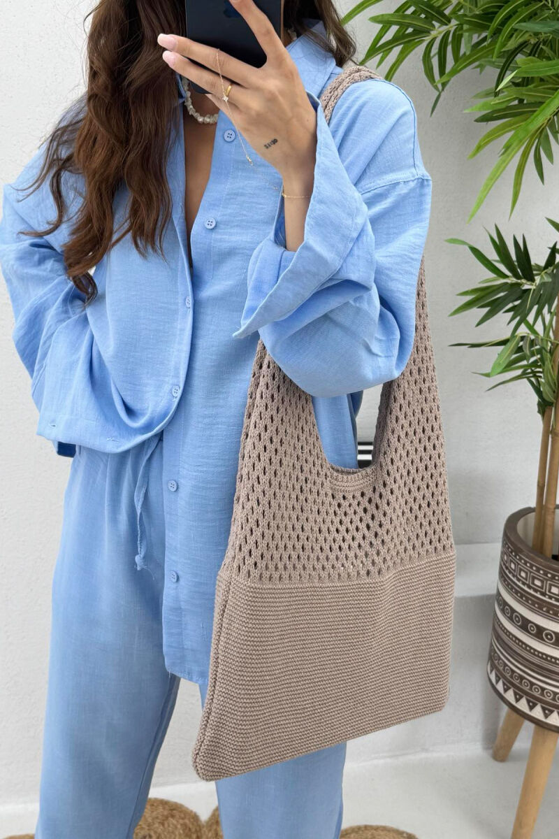 ONE COLOR CROCHET BEACH WOMEN BAG LIGHT BROWN/KAZB - 2