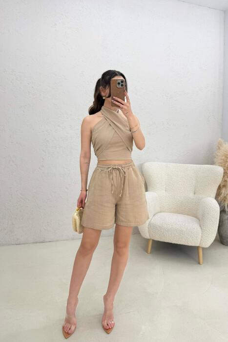 ONE COLOR CROP TOP + SHORTS WOMEN SET BEIGE/BEZHE 