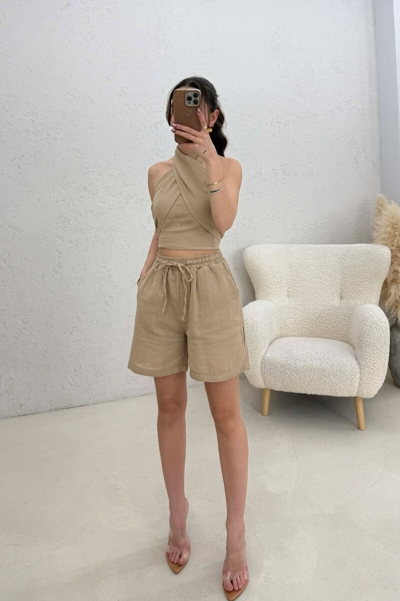 ONE COLOR CROP TOP + SHORTS WOMEN SET BEIGE/BEZHE - 3