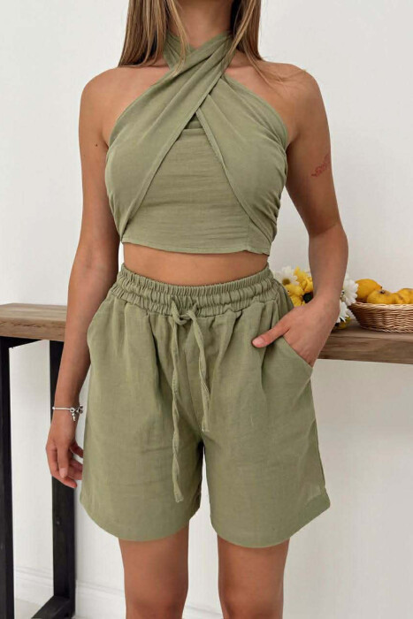 ONE COLOR CROP TOP + SHORTS WOMEN SET OLIVE/ULLI - 3