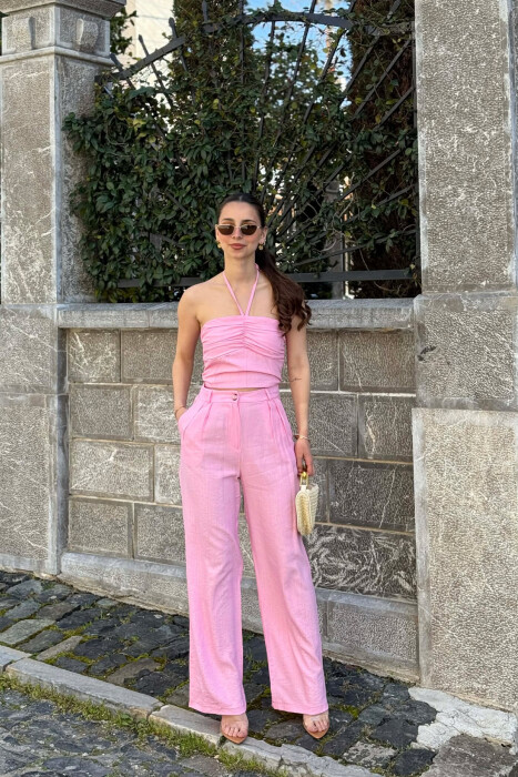 SET NJE NGJYRESH CROP TOP + PANTALLONA PER FEMRA NE NGJYRE ROZE 