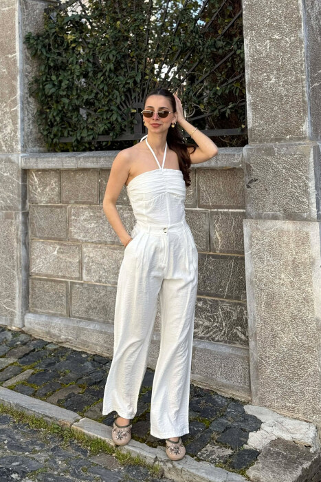 ONE COLOR CROP TOP + TROUSERS WOMAN SET WHITE-E BARDHE 