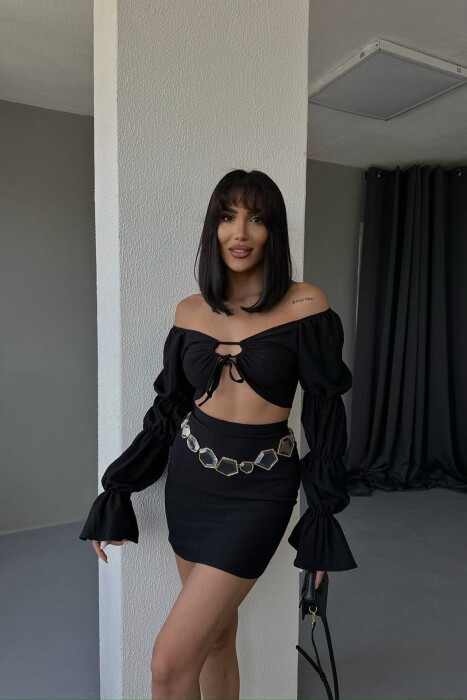 ONE COLOR CROP TOP+SKIRT WOMEN SET BLACK/ E ZEZE - 4