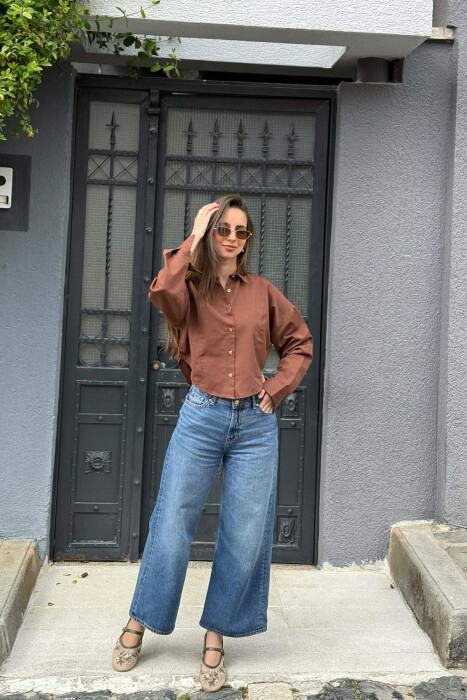 ONE COLOR CROPED WOMAN SHIRT BROWN/KAFE - 3